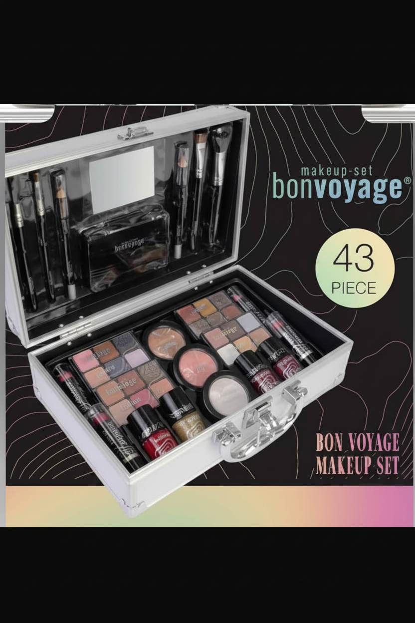 Makeup Kit, Includes Lipsticks, Eyeshadows, Blush, Nail Polish, Mirror and Make Up Brushes, Portable Lightweight Metal Train Case, Bon Voyage